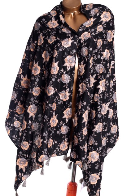 Dámský černý šátek s barevnými růžemi