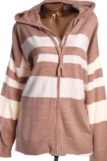 Dámský bílo-hnědý pruhovaný svetřík na zip / M&S / XXL (48/50) / UK 20/22 / ANGLIE
