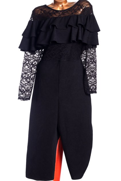 Dámský černý overal s krajkou a volány / SIMPLY BE / XXXL (50) / UK 22 / ANGLIE