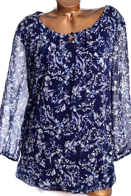 Dámská modrá halenka s listovými vzory  / BONMARCHÉ / XXXXL (52) / UK 24 / ANGLIE