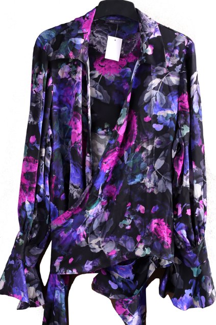 Dámská zavinovací saténová černá halenka s květy / M&S  / XXXL (48/50) / UK 20 / ANGLIE