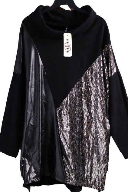 Dámská černá mikinová halenka, s koženkou a flitry  / NEW COLLECTION / XXXL (50/52+) / UK 22 / ANGLIE