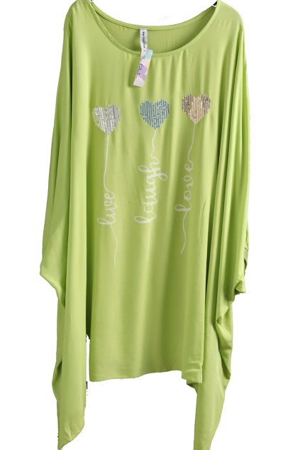 Dámská limetková pončová halenka s flitrovými srdíčky / NEW COLLECTION / oversize / ANGLIE