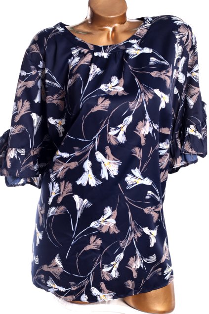 Dámská satenová tmavě modrá halenka s bílo-šedými vzory / TU  / XXXL (48) / UK 20 / ANGLIE