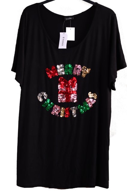 Dámské černé triko s vánočním flitrovým vzorem  / EVANS / XXXL 50/52 / UK 22/24 / ANGLIE