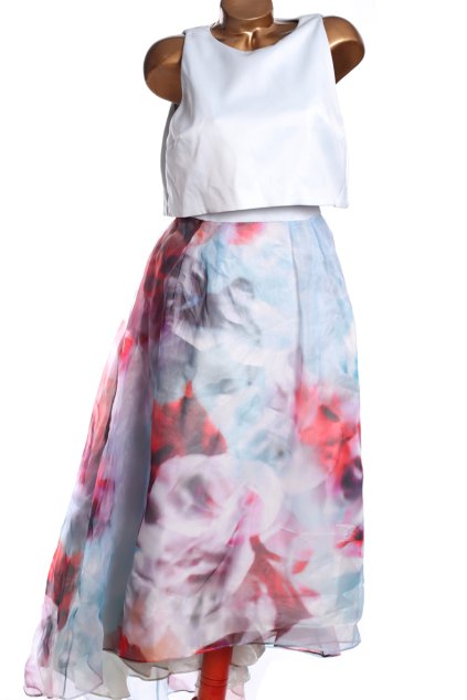 Dámské šedo-modré společenské šaty s barevnou vzorovanou sukní  / XXL (44) / UK 16 / ANGLIE