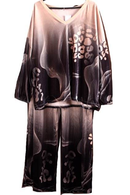 Dámský béžovo-černý vzorovaný sametový komplet  / XXXL (48/50/52) / UK 20-22 / ANGLIE