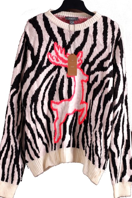 Dámský bílo-černý zebrovaný svetr s jelenem  / PRIMARK /  XXXL (46/48/50) / UK 18/20  / ANGLIE