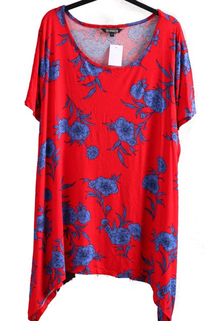 Dámská červená halenka s modrými květy  / BONMARCHÉ / XXXXL (54) / UK 26 / ANGLIE