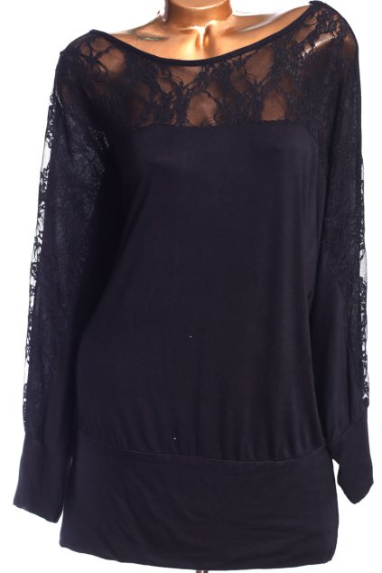 Dámká černá halenka s krajkou ve vrchní části a rukávech / NOUVELLE / XXXL (50) / UK 22 / ANGLIE