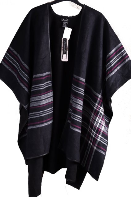 Dámský teplý černý přehoz s šedo-fialovými pruhy  / XXXL - one size / ANGLIE