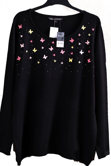 Dámský černý svetřík s kamínky a motýlky / BONMARCHÉ /XXXL (50) / UK 22 / ANGLIE