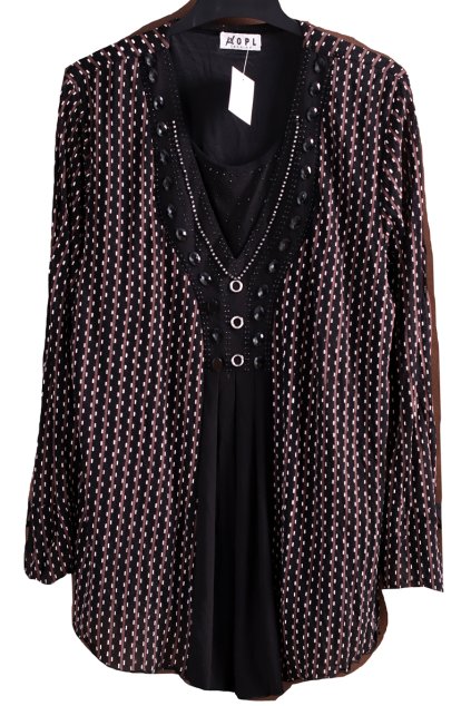 Dámská černo-hnědo-bílá vzorovaná halenka s kamínky /  OPL / (46/48) / UK 18/20 / ANGLIE