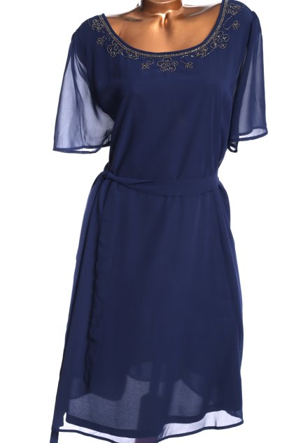 Dámské tmavě modré šaty s kamínkovými květy u dekoltu PC - 1200,- / BUMP IT UP / XXXXL (52) / UK 24 / ANGLIE