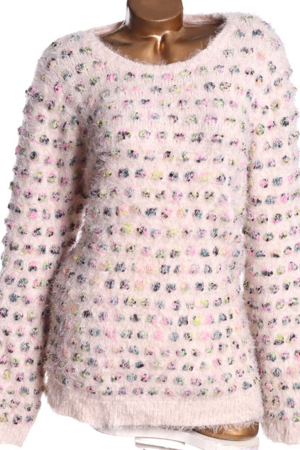 Dámský jemný růžový svetřík s barevnými puntíky jakoby pompony / FF / XXXL (48/50) / UK 20 / ANGLIE