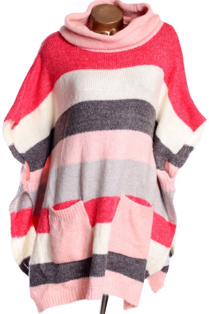 Dámské bílo-růžovo-červeno-šedé pruhované svetrové rolákové pončo  / MOMENT/ oversize
