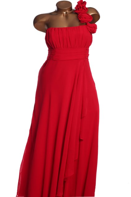 Dámské červené společenské šaty na jedno rameno s květy na ramínku/ DEBUT/ XXL (44) / UK 16 / ANGLIE