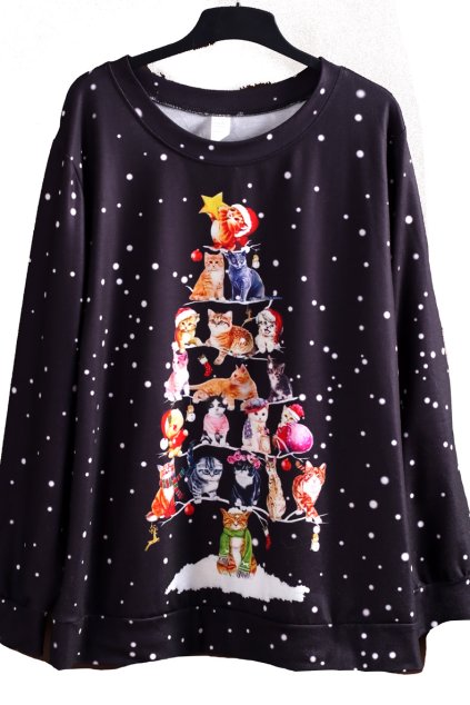 Dámská černá halenka s kočičkovým vánočním stromkem/ XXXL (50) / UK 22 / ANGLIE