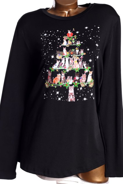 Dámská puntíkatá teplá černá halenka s kočičkovým vánočním stromkem/ XXXL (50) / UK 22 / ANGLIE