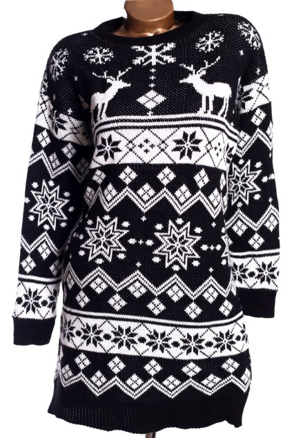 Dámský černo-bílý delší svetr s vánočním vzorem / XXL (42/44/46) / UK 16/18  ANGLIE