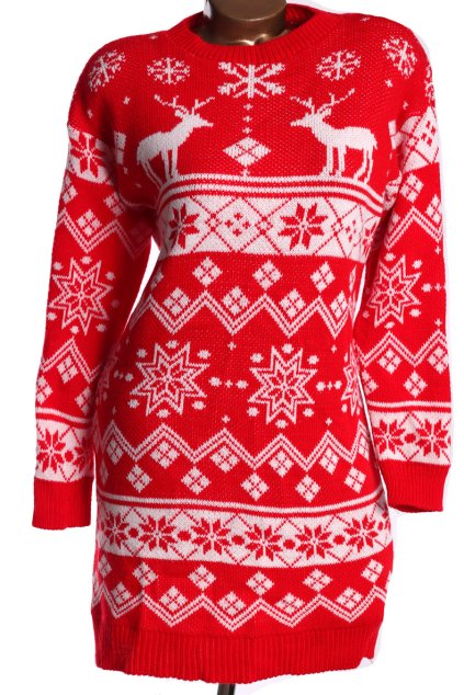 Dámský červeno-bílý delší svetr s vánočním vzorem / XXL (42/44/46) / UK 16/18  ANGLIE