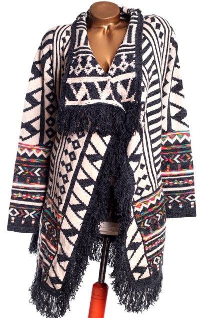 Dámský béžovo-šedo-barevný vzorovaný svetrový kardigan s třásněmi/ OULIYA/ XXXL (50) / UK 22 / ANGLIE