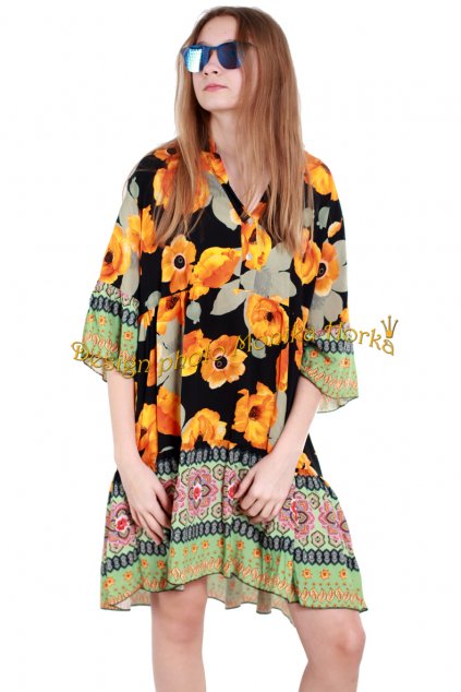 Dámské černo-oranžovo-zelené květované lehoučké šaty / MADE IN ITALY / UNI VELIKOST / S/M/L/XL/XXL/ BUTIK