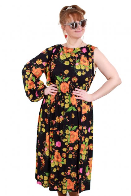 Dámské černé elastické šaty s barevným květinovým vzorem / jeden rukáv / ASOS / XXXL+ (56) / ANGLIE
