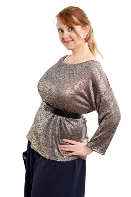 Dámská šedá žíhaná halenka se zlatým potiskem / NEXT - XXL (46) / ANGLIE