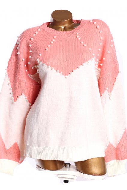 Dámský bílo-růžový pletený svetr s perličkami / SHEILAY / XXXL (50) / ANGLIE