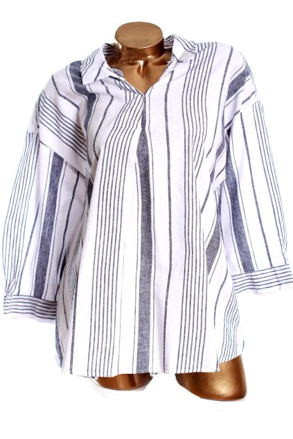 Dámská bílo-modrá proužkovaná halenka / GEORGE / 55% LEN 45% BAVLNA - XXXL/XXXXL (50/52) / ANGLIE