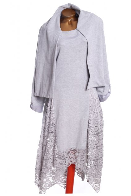 Dámské teplé šedé šaty s krajkou  a našitou šálkou / XL (42) / ANGLIE - na štítku UK 14