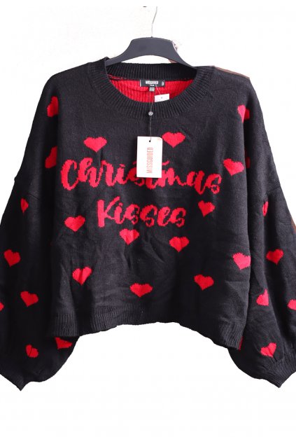 Dámský vánoční černo-červený svetr se vzorem srdcí a nápisem  / MISSGUIDED / XXXXL (52) / ANGLIE - na štítku UK 24