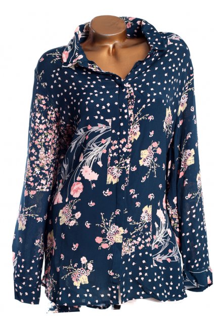 Dámská tmavě modro-růžová květovaná košilová tunika  / M&S / XXXL (50) / UK 22 / ANGLIE