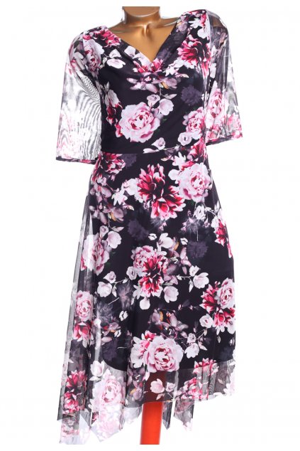 Dámské černo-růžovo-šedé květované šaty se síťkou / YOURS / XXXL (50) / UK 22 / ANGLIE