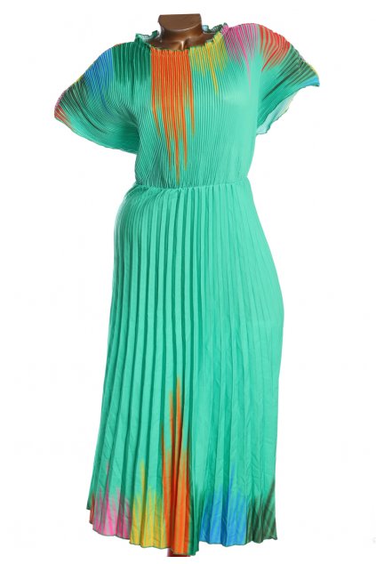 Dámské zelené plísované šaty s barevným lemem / XXXXL (52) / UK 24 / ANGLIE