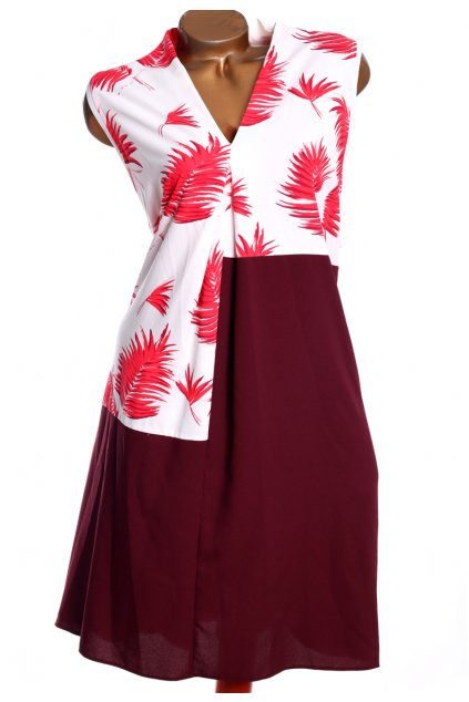 Dámské krémovo-červeno-vínové šaty se vzorem listů / NEXT / XXXXL (54) / UK 26 / ANGLIE