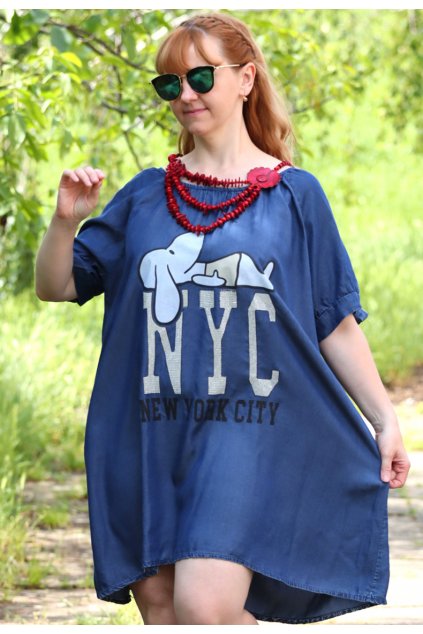 Dámské tmavě modré šaty z odhlečené džínoviny s nápisem / KRISMILE / XXL-XXXXL (44/46/48/50/52) / prsa do 136 cm  / MODA ITALY