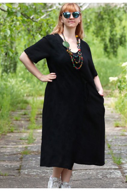 Dámské černé lněné vyšívané šaty s kapsou a zavazováním na boku / MADE IN ITALY /XL-XXL (42/44/46) / prsa do 120 cm / MODA ITALY