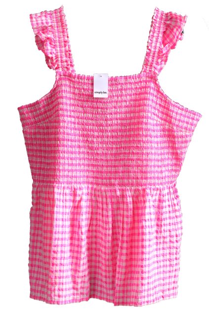 Dámská bílo - růžová, elastická kostkovaná halenka s moderním žabičkováním  na prsou/ SIMPLEY BE  / XXXXL (54) / UK 26 / ANGLIE