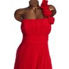 Dámské červené společenské šaty na jedno rameno s květy na ramínku/ DEBUT/ XXL (44) / UK 16 / ANGLIE