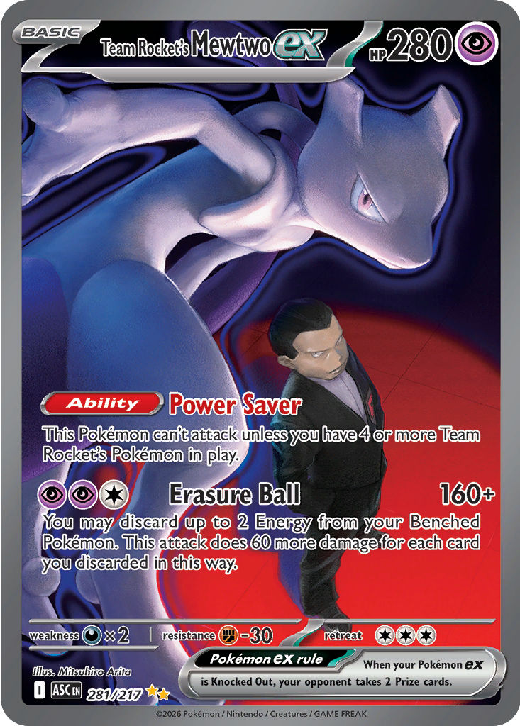 Team Rocket's Mewtwo ex Special Illustration Rare 281/217 z Pokémon Ascended Heroes