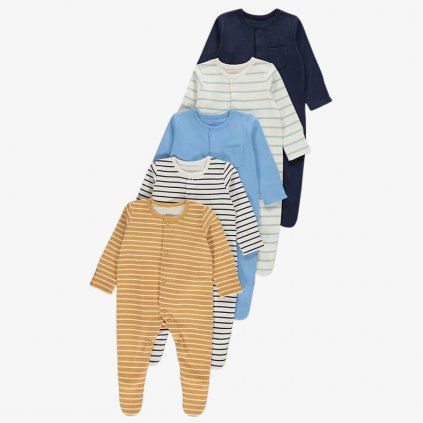 George Pure Cotton Striped Sleepsuits, 5 Pack