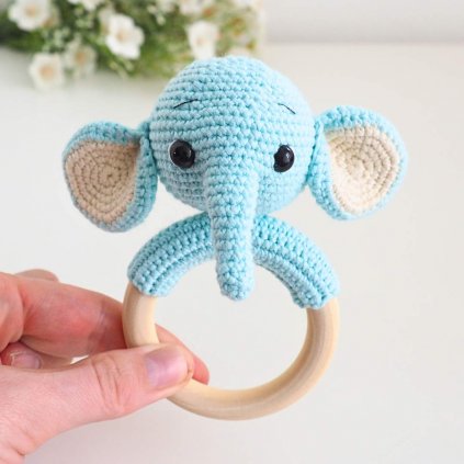 Crocheted Rattle on a Wooden Ring Elephant Ice Blue