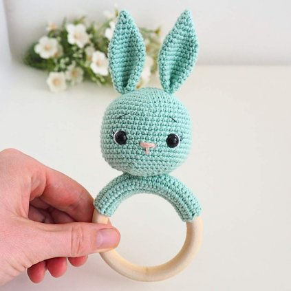 Crocheted Rattle on a Wooden Ring Bunny Mint
