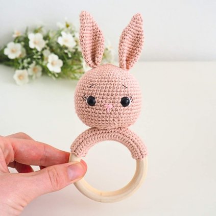Crocheted Rattle on a Wooden Ring Bunny Old Pink