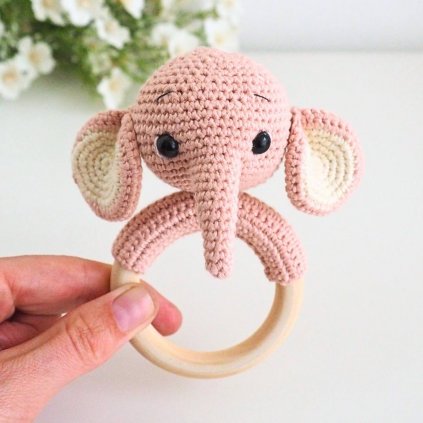 Crocheted Rattle on a Wooden Ring Elephant Old Pink