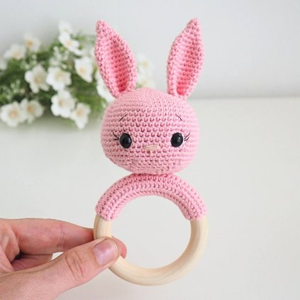 Crocheted Rattle on a Wooden Ring Bunny Pink