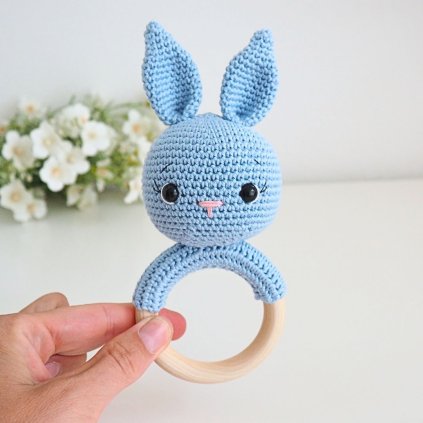 Crocheted Rattle on a Wooden Ring Bunny Blue