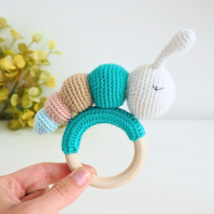 Crochet rattle on a wooden ring Caterpillar Turquoise